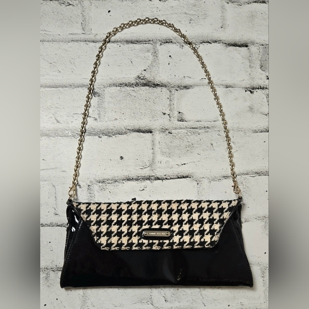 Vintage Anne Klein Houndstooth Chain Shoulder Bag Patent Leather